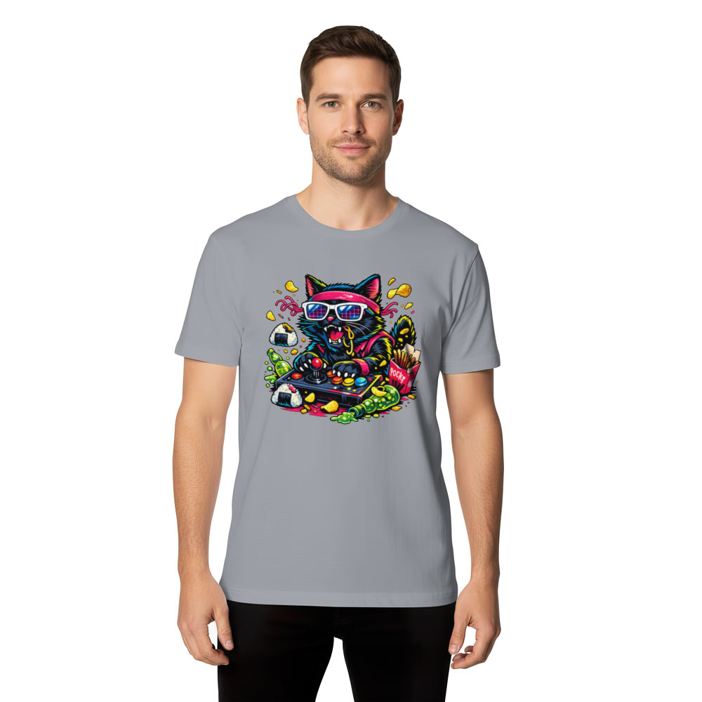 Neon Neko Retro Arcade Snack Attack T-Shirt - Gift for Retro Gamer Cat Lovers