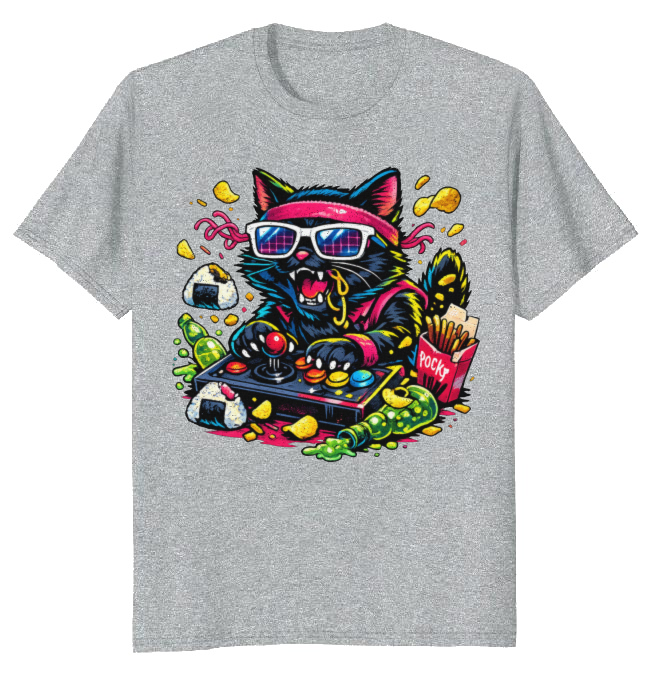 Neon Neko Retro Arcade Snack Attack T-Shirt - Gift for Retro Gamer Cat Lovers