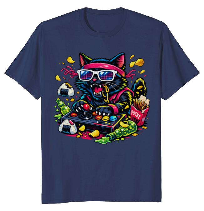 Snack Attack With a Retro Neko in a Neon Arcade Graphic T-Shirt