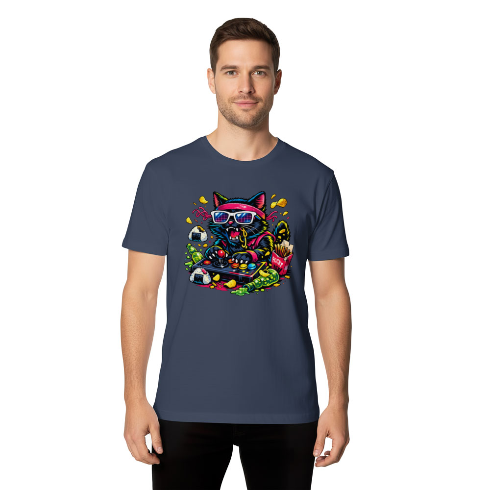 Snack Attack With a Retro Neko in a Neon Arcade Graphic T-Shirt