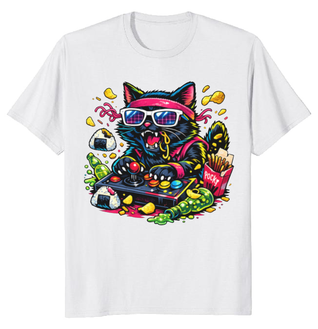 Neon Neko Retro Arcade Snack Attack T-Shirt - Gift for Retro Gamer Cat Lovers