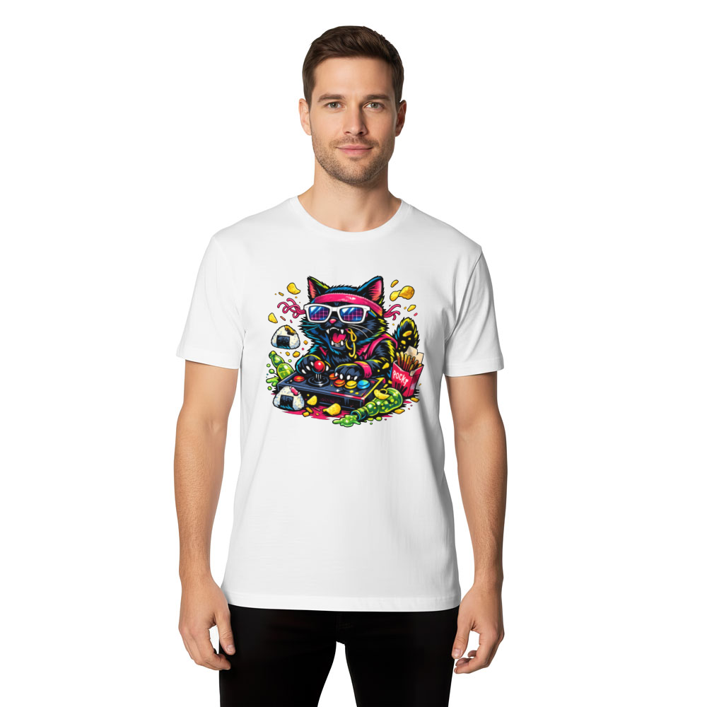 Neon Neko Retro Arcade Snack Attack T-Shirt - Gift for Retro Gamer Cat Lovers