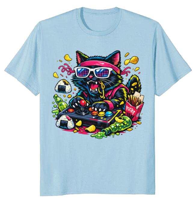 Neon Neko Retro Arcade Snack Attack T-Shirt - Gift for Retro Gamer Cat Lovers