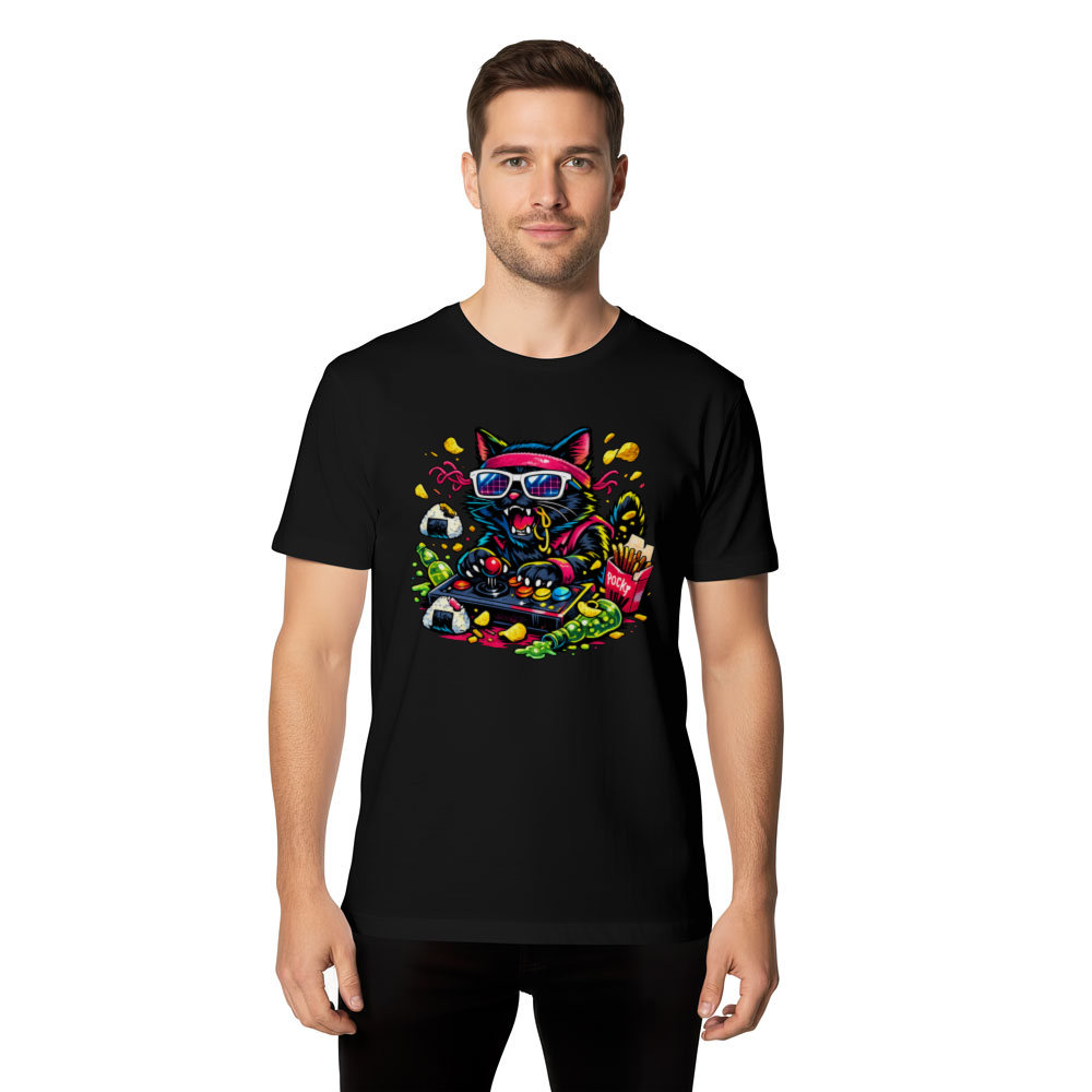 Neon Neko Retro Arcade Snack Attack T-Shirt - Gift for Retro Gamer Cat Lovers