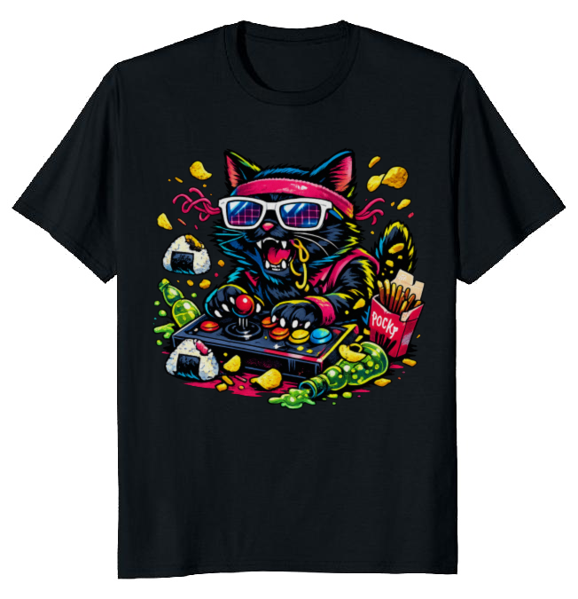Neon Neko Retro Arcade Snack Attack T-Shirt - Gift for Retro Gamer Cat Lovers