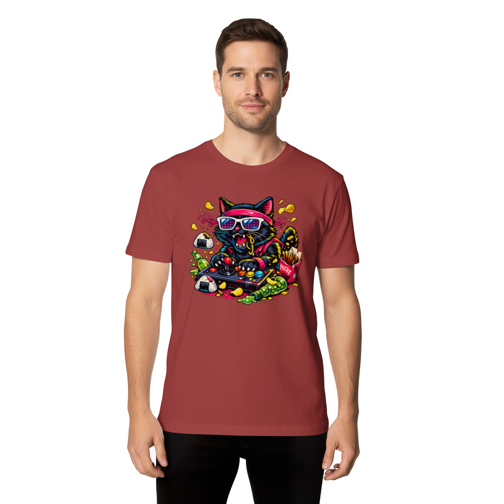 Snack Attack With a Retro Neko in a Neon Arcade Graphic T-Shirt