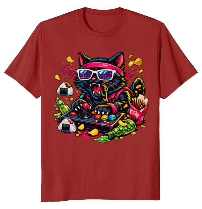 Snack Attack With a Retro Neko in a Neon Arcade Graphic T-Shirt