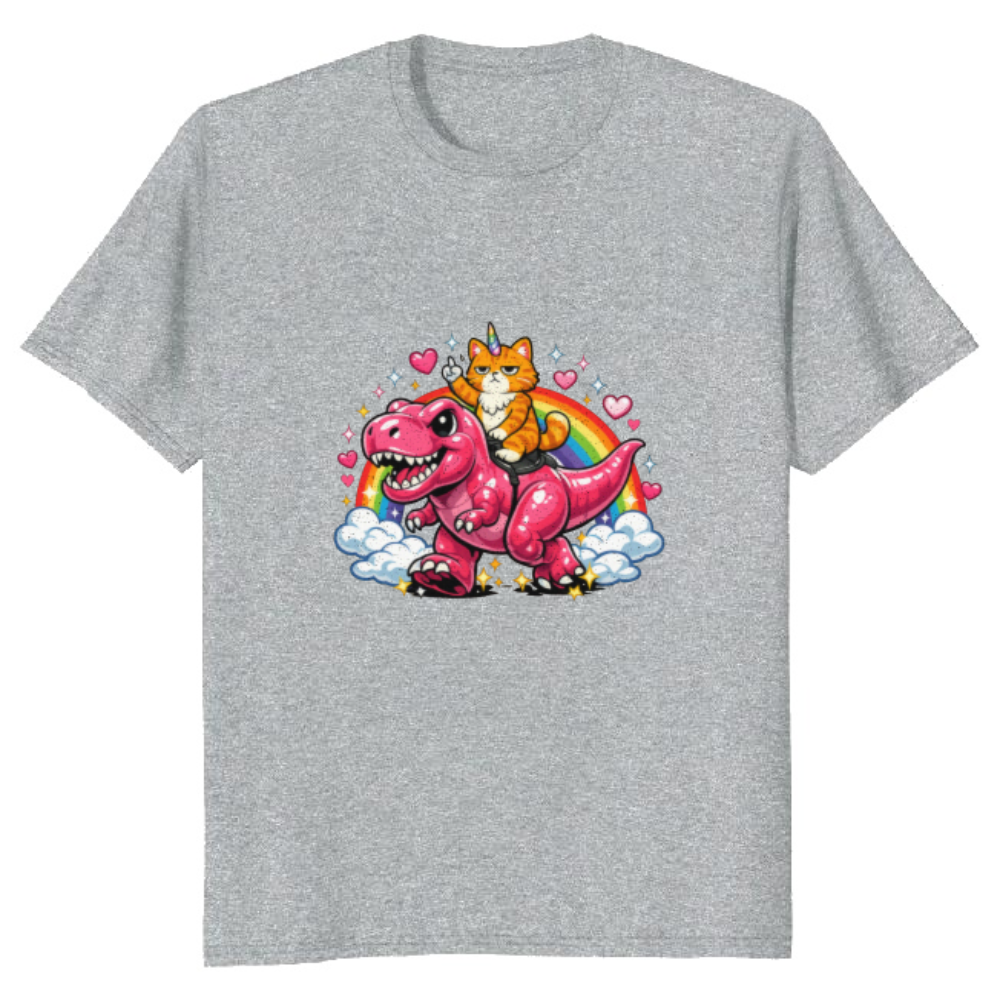Unicorn Cat Riding Pink Dinosaur T-Shirt - Gift for Y2K Cat Humor Fans