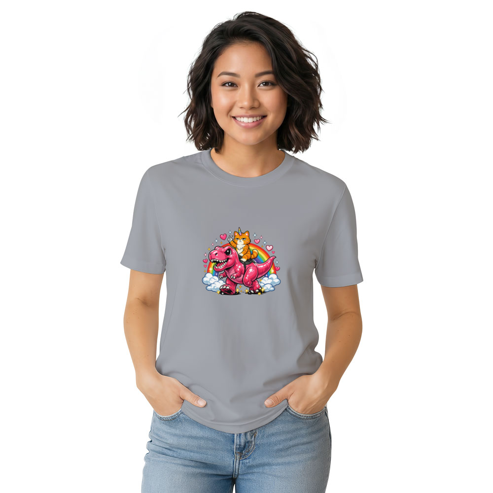 Unicorn Cat Riding Pink Dinosaur T-Shirt - Gift for Y2K Cat Humor Fans