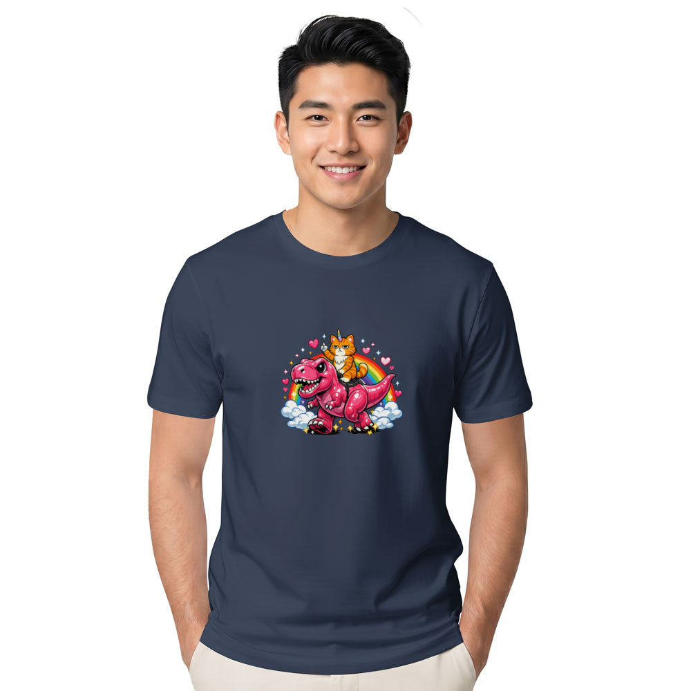 Unicorn Cat Riding Pink Dinosaur T-Shirt - Gift for Y2K Cat Humor Fans