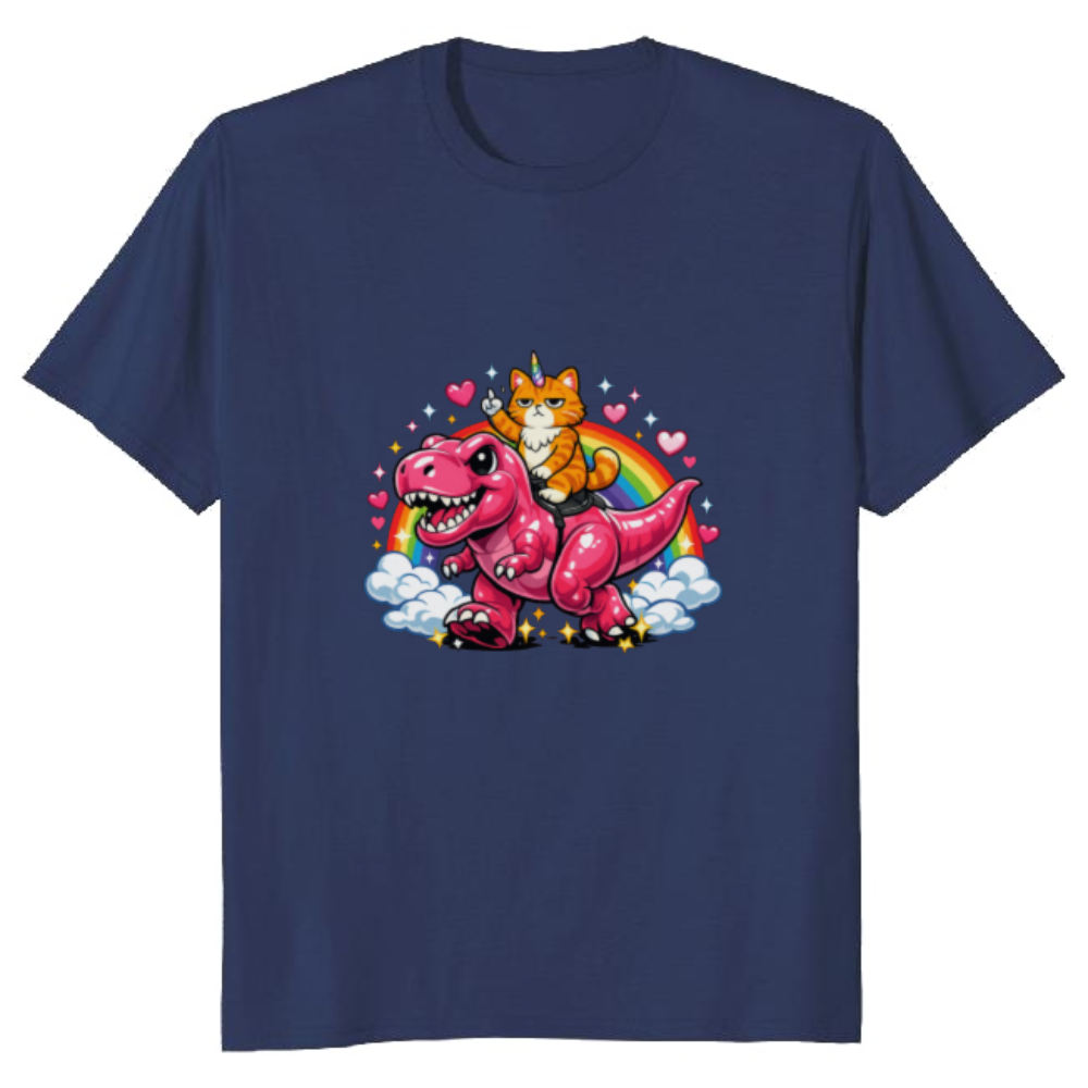 Unicorn Cat Riding Pink Dinosaur T-Shirt - Gift for Y2K Cat Humor Fans