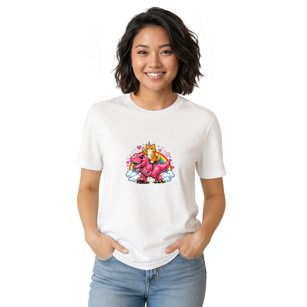 Unicorn Cat Riding Pink Dinosaur T-Shirt - Gift for Y2K Cat Humor Fans