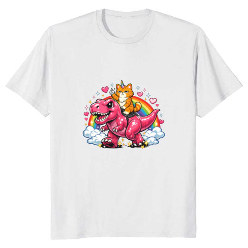 Unicorn Cat Riding Pink Dinosaur T-Shirt - Gift for Y2K Cat Humor Fans