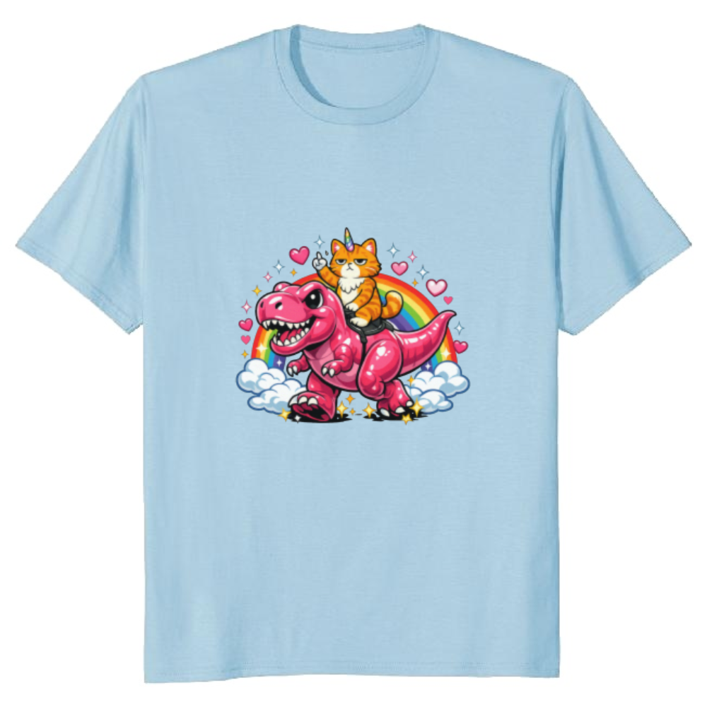 Unicorn Cat Riding Pink Dinosaur T-Shirt - Gift for Y2K Cat Humor Fans