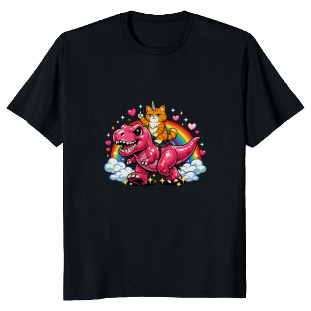 Unicorn Cat Riding Pink Dinosaur T-Shirt - Gift for Y2K Cat Humor Fans