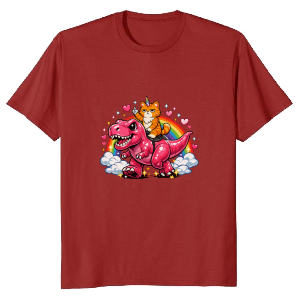 Purr-assic Ride Y2K Deadpan Unicorn Cat on a Pink Dino T-Shirt