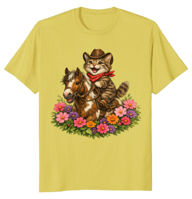 Cowboy Cat Floral Vignette T-Shirt - Fans Of Cute Western Humor