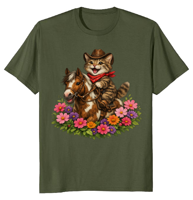 Cowboy Cat Floral Vignette T-Shirt - Fans Of Cute Western Humor