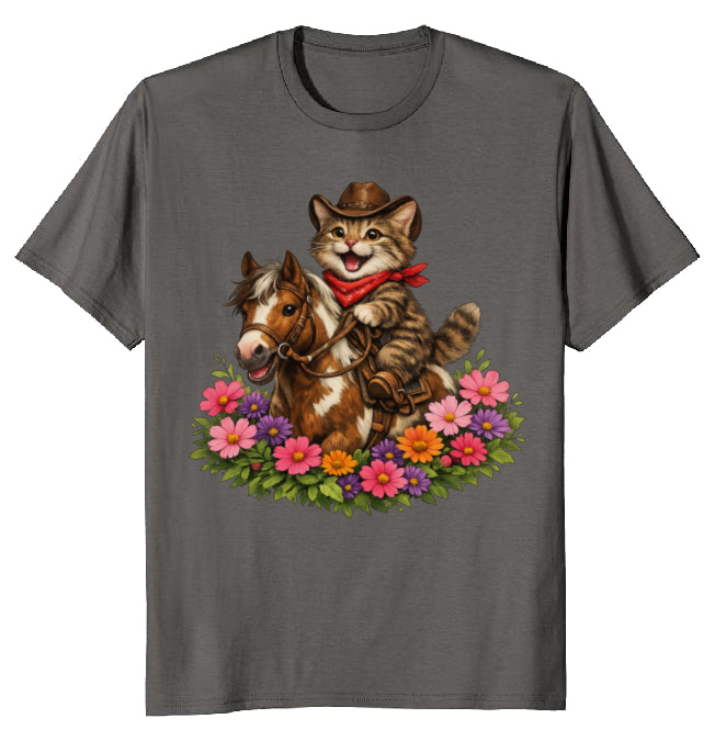 Cowboy Cat Floral Vignette T-Shirt - Fans Of Cute Western Humor