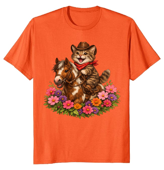 Cowboy Cat Floral Vignette T-Shirt - Fans Of Cute Western Humor