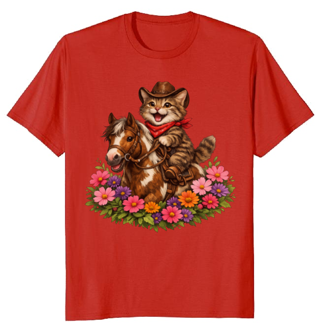 Cowboy Cat Floral Vignette T-Shirt - Fans Of Cute Western Humor