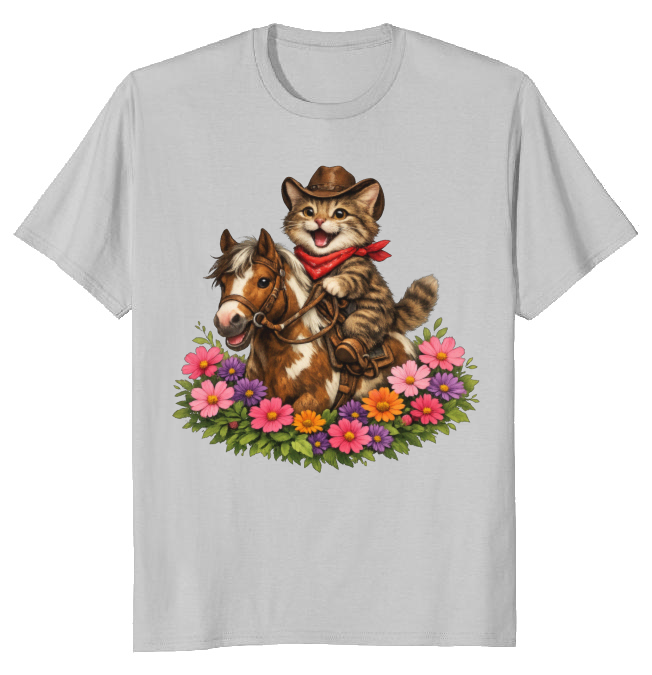 Cowboy Cat Floral Vignette T-Shirt - Fans Of Cute Western Humor