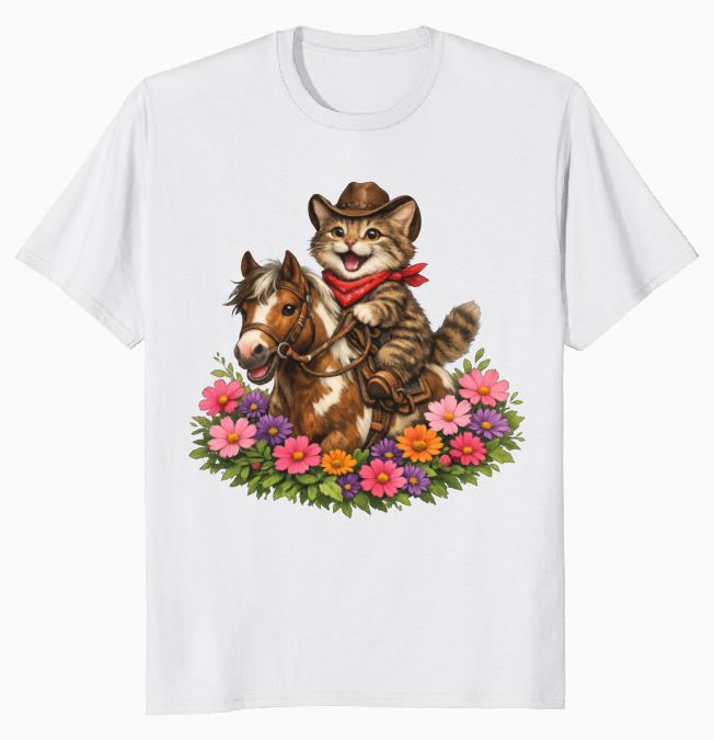 Cowboy Cat Floral Vignette T-Shirt - Fans Of Cute Western Humor