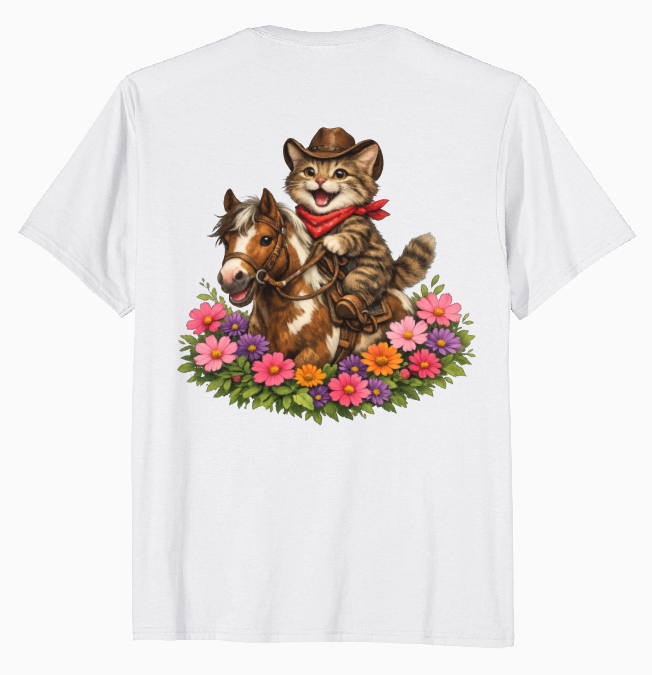 Cowboy Cat Floral Vignette T-Shirt - Fans Of Cute Western Humor