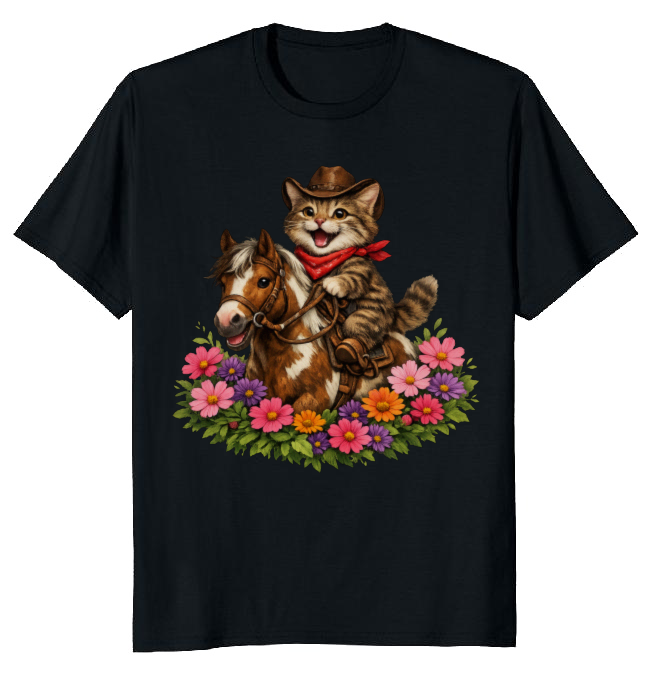 Cowboy Cat Floral Vignette T-Shirt - Fans Of Cute Western Humor