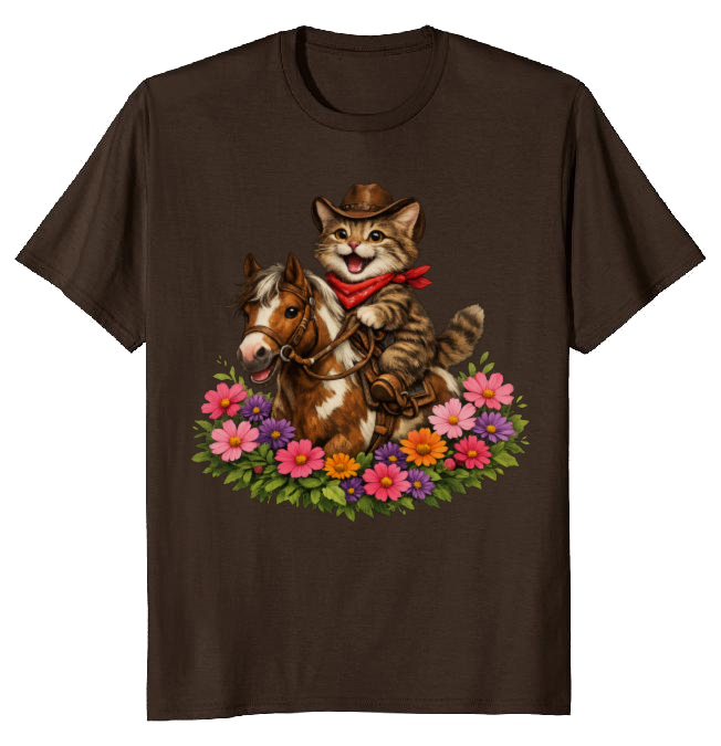 Cowboy Cat Floral Vignette T-Shirt - Fans Of Cute Western Humor