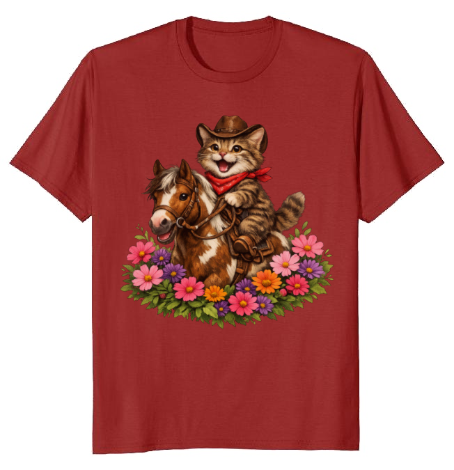 Cowboy Cat Floral Vignette T-Shirt - Fans Of Cute Western Humor