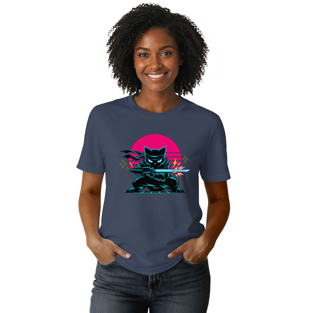 Synthwave Shinobi Cat in a Neon City Graphic T-Shirt