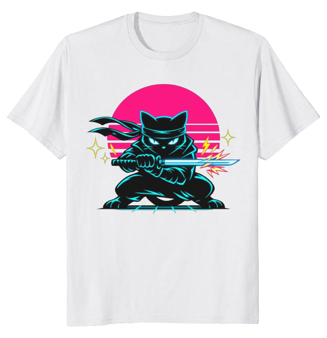 Ninja Cat Neon Shinobi T-Shirt - 80s Theme Party