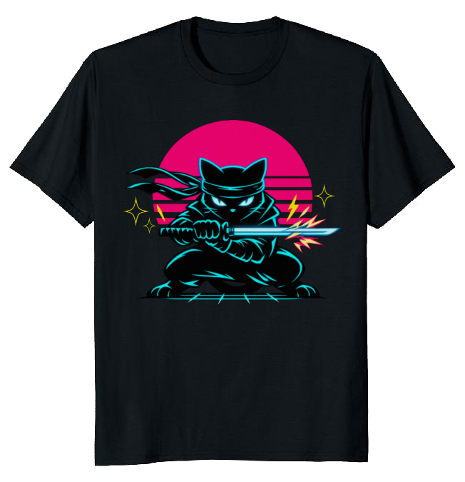 Ninja Cat Neon Shinobi T-Shirt - 80s Theme Party