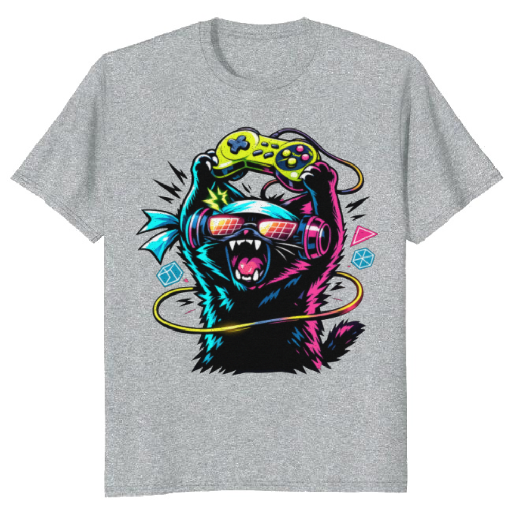Anime Otaku Cat Graphic T-Shirt - Gift for Synthwave Gamers
