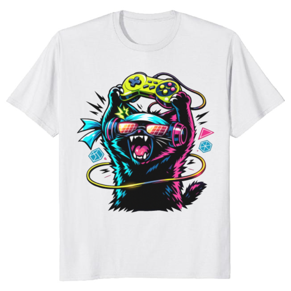 Anime Otaku Cat Graphic T-Shirt - Gift for Synthwave Gamers