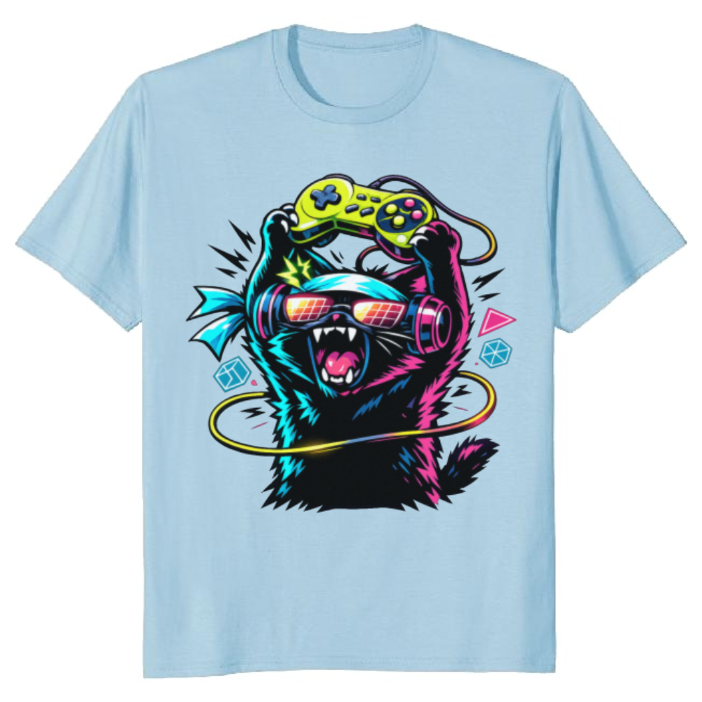 Anime Otaku Cat Graphic T-Shirt - Gift for Synthwave Gamers