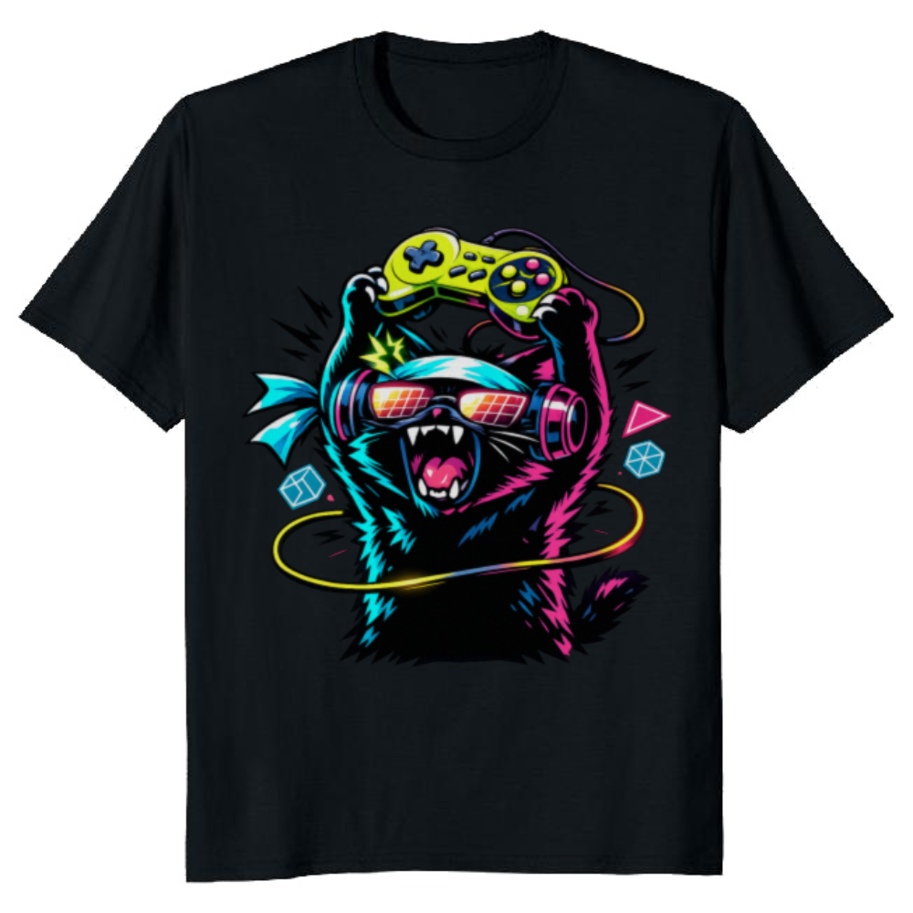 Rage Quit Synthwave Otaku Cat with a Headset Graphic T-Shirt