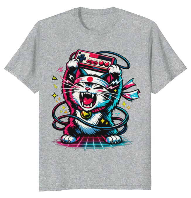 Retro Japanese Cat Neon Rage T-Shirt - Retro Gaming Fans