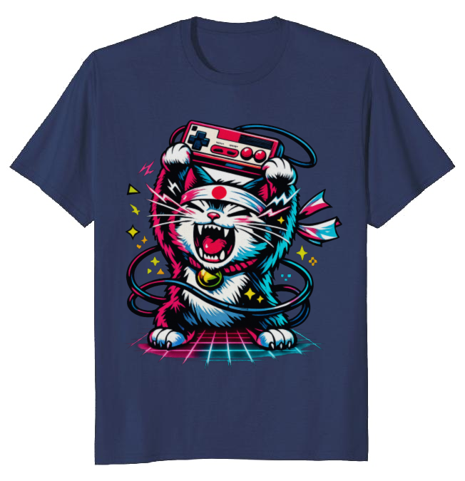 Retro Japanese Cat Neon Rage T-Shirt - Retro Gaming Fans
