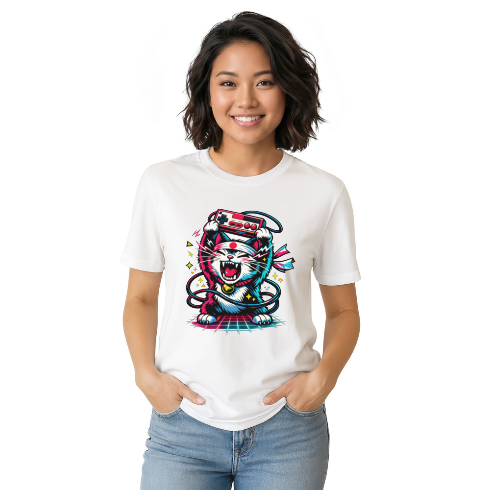 Retro Japanese Cat Neon Rage T-Shirt - Retro Gaming Fans