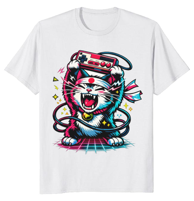 Retro Japanese Cat Neon Rage T-Shirt - Retro Gaming Fans