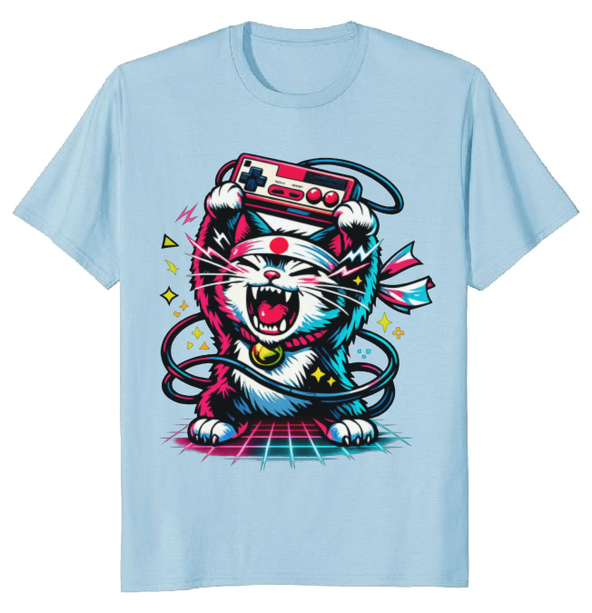 Retro Japanese Cat Neon Rage T-Shirt - Retro Gaming Fans