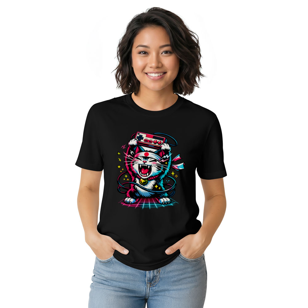 Retro Japanese Cat Neon Rage T-Shirt - Retro Gaming Fans