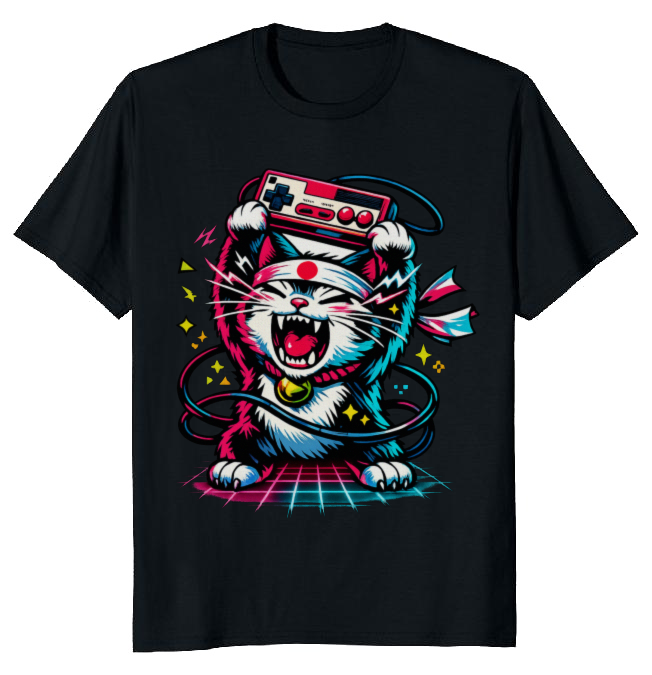 Retro Japanese Cat Neon Rage T-Shirt - Retro Gaming Fans