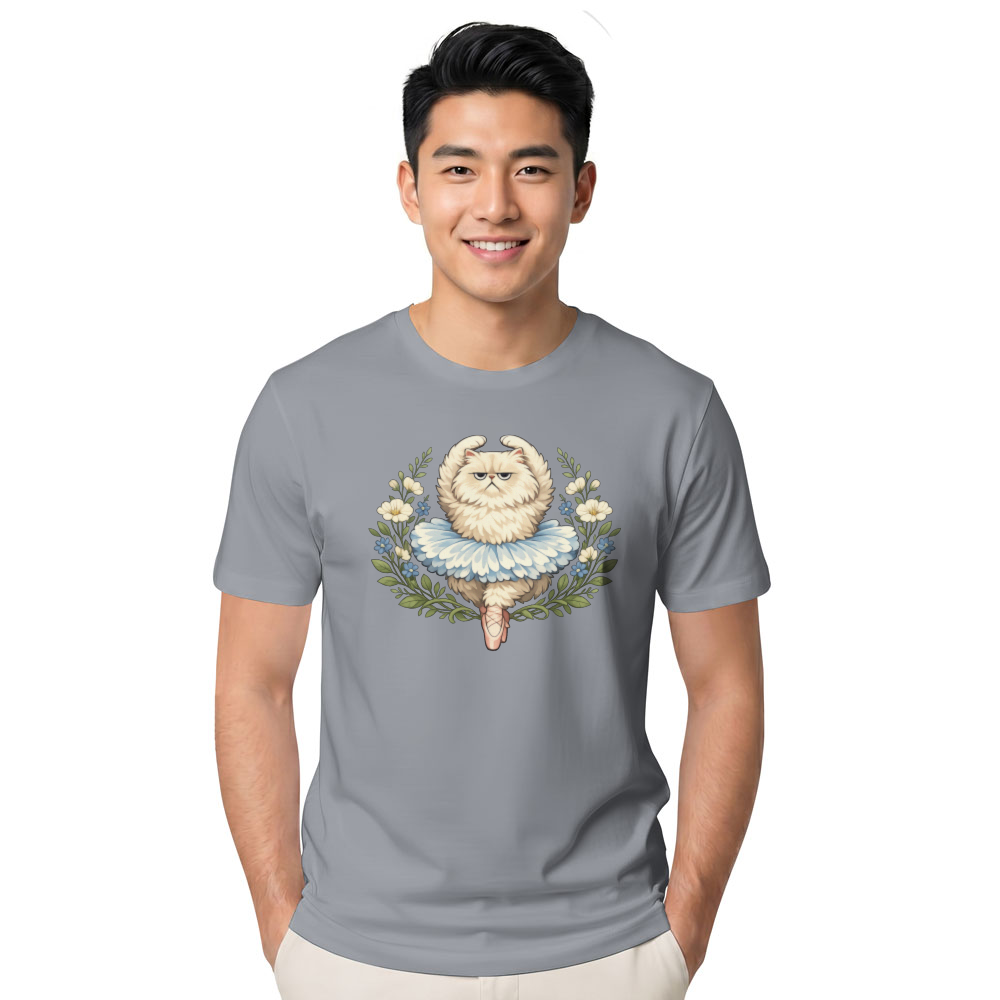 Whimsical Reluctant Persian Cat Ballerina in a Botanical Illustration Graphic T-Shirt