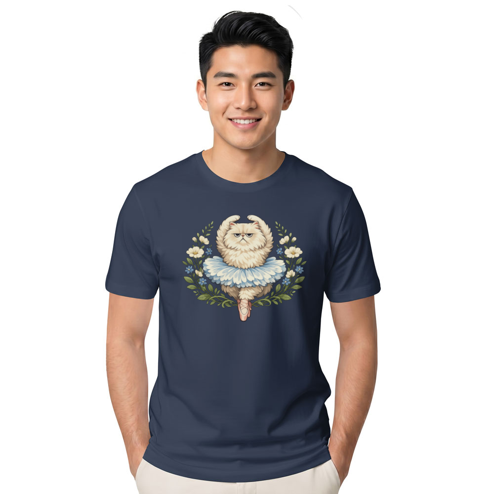 Whimsical Reluctant Persian Cat Ballerina in a Botanical Illustration Graphic T-Shirt