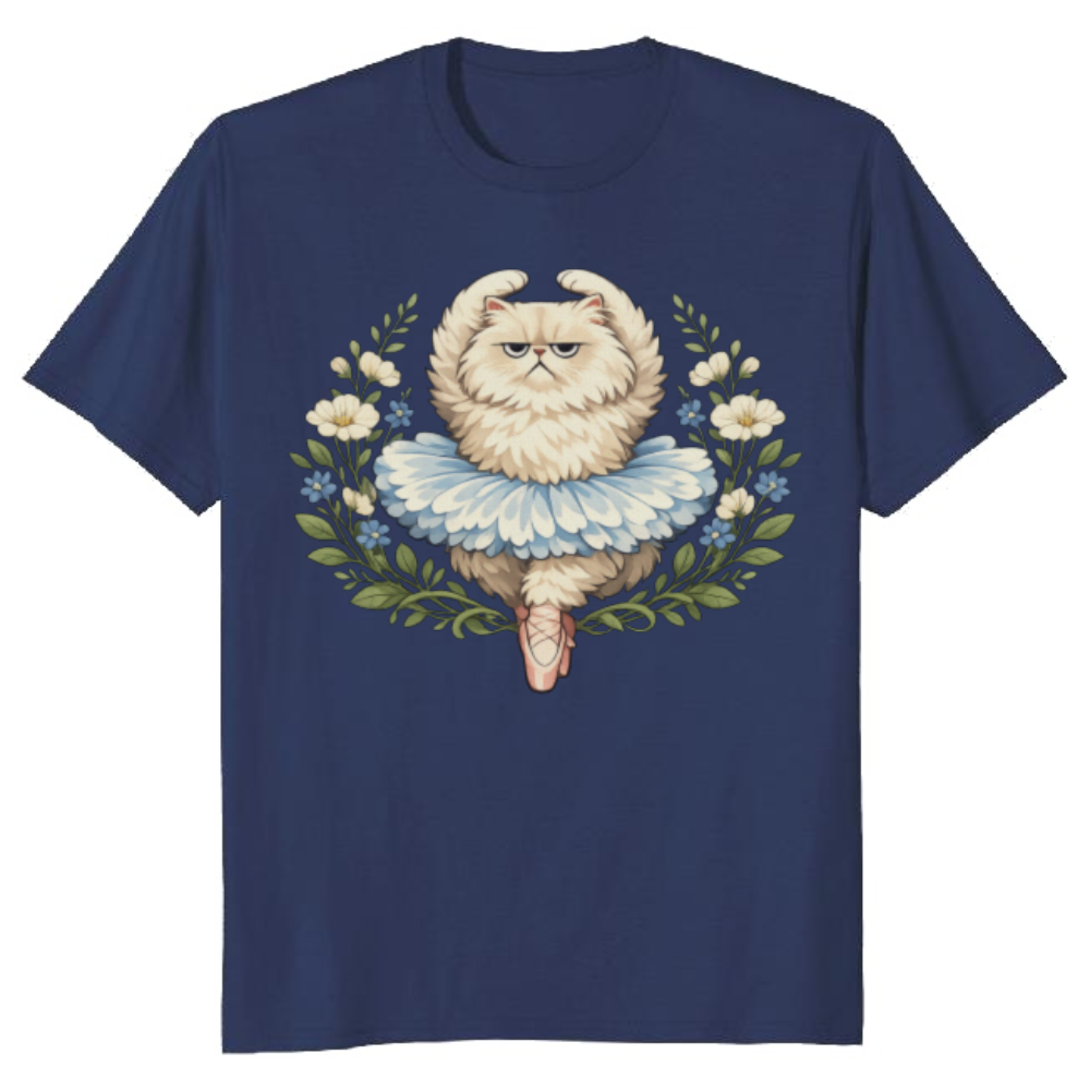 Whimsical Reluctant Persian Cat Ballerina in a Botanical Illustration Graphic T-Shirt