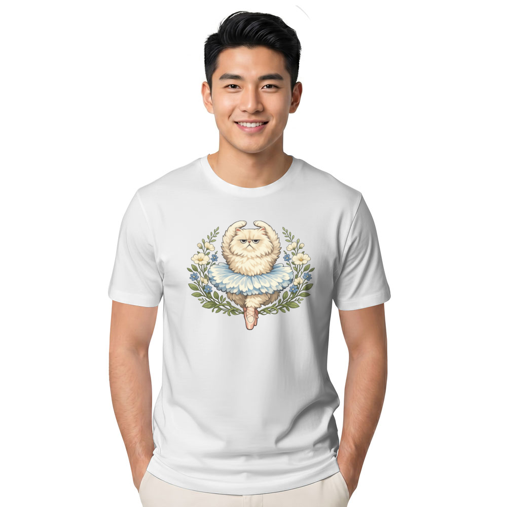 Whimsical Reluctant Persian Cat Ballerina in a Botanical Illustration Graphic T-Shirt