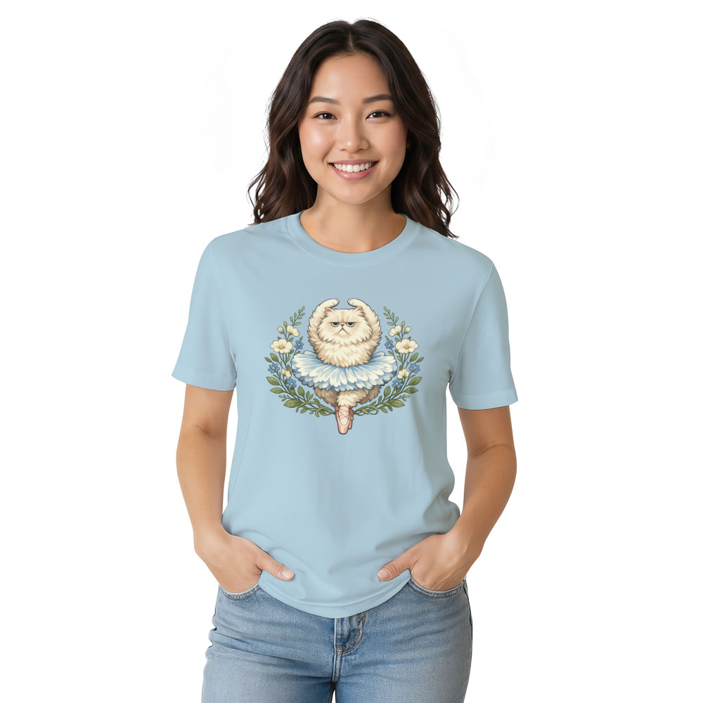 Whimsical Reluctant Persian Cat Ballerina in a Botanical Illustration Graphic T-Shirt